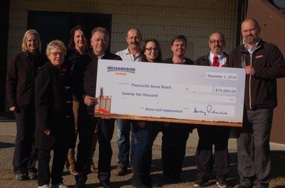 The Preeceville Arena accepted a $75,000 donation from Richardson Pioneer. In attendance at the presentation, from left, were: Tess Strand, employee of  the Preeceville branch Richardson Pioneer; Shirley Jackson, Town of Preeceville administrator; Andrea Tonn, Town of Preeceville recreation director; Florian Balawyder, employee of the Preeceville branch Richardson Pioneer; Johnny Petryshyn, Stacey Strykowski, Welma Bartel and Darin Newton, all Town of Preeceville councillors,and Dallas Harrison, director of operations for Richardson Pioneer Canora.