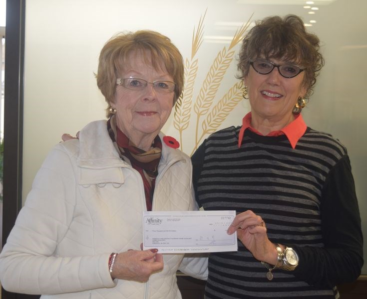 Last week, Audrey Horkoff of Kamsack, left, a director and vice-president of Affinity Credit Union, presented a cheque of $5,000 from the Affinity Community Development Fund to Myrna Dey, a member of the Kamsack nursing home auxiliary which is raising funds for its Horizon project, a plan to construct a sheltered patio at the nursing home.