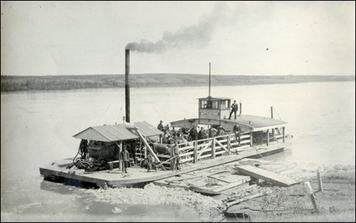 John Grieve Oliver’s steam-powered ferry on the North Saskatchewan River circa 1904.