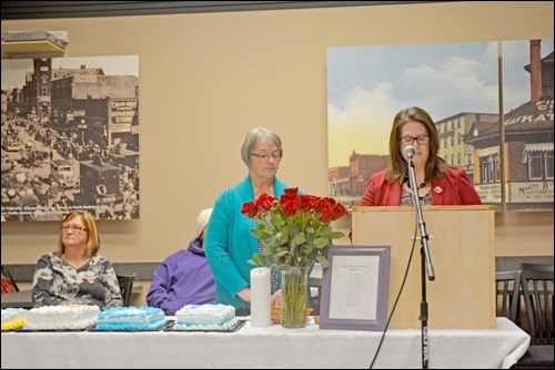 Ann McArthur of Interval House and Erin Woytiuk of Catholic Family Services take turns at the podium in recognition of the Nation Day of Remembrance and Action on Violence Against Women. Photos by Shannon Kovalsky
