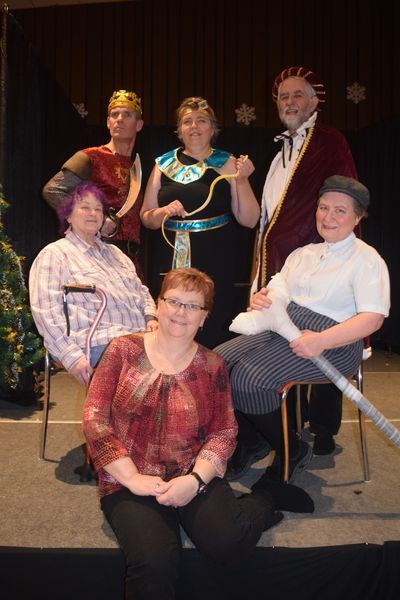 The Kamsack Players Drama Club members involved in staging Scrooge Macbeth by David MacGregor as a dinner theatre at the OCC Hall Friday and Saturday, clockwise from top left, were: James Perry as Bob, Ellen Amundsen-Case as Sylvia, Kevin Sprong asd Victor, Zennovia Duch as Renee, Nancy Brunt, the director, and Odaria Moline, the stage manager.