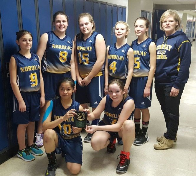 The Norquay School’s junior girls basketball team won the gold medal at a Sturgis tournament held December 9 and 10, defeating teams from Hudson Bay, 51-11; Yorkdale, 29-9, and Sturgis, 30-18. Members of the team, from left, are: (back row) Kortny Wasylyniuk, Emily Livingstone, Taylor Rubletz, Alexa Olson, Taylor Wasylyniuk and Stacy Rubletz (coach), and (front) Rhoan Alfelor and Tristen Newcombe.