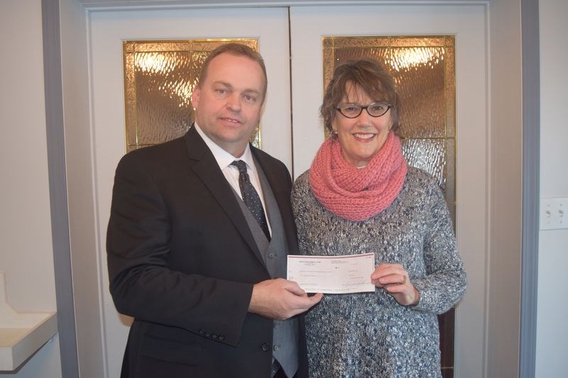 On Friday, Reg Brewer, manager of Andrychuk Funeral Home in Kamsack, presented a cheque of $1,000 on behalf of the funeral home to Myrna Dey, project manager of the Horizon Project, which is an initiative of the Kamsack and District Nursing Home auxiliary that will have an outdoor patio constructed at the home next year.