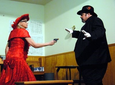 In the play Stop the Presses, pulling a gun on Sleazy Tab Lloyd (Brett Watson) seemed to be a normal reaction for Chiffon Delure (Marg Janick Grayston), a former partner in crime.