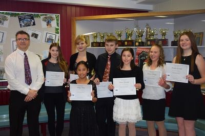 At the presentation of certificates on December 20, from left, were: Kim Eiteneier (vice-principal), Taralee Bazarski, Brooklyn Tratch, Methyl Trask (in front), Jacob Danyluk, Bailee Zuravloff, Breanne Woloshyn and Jordelle Lewchuk.