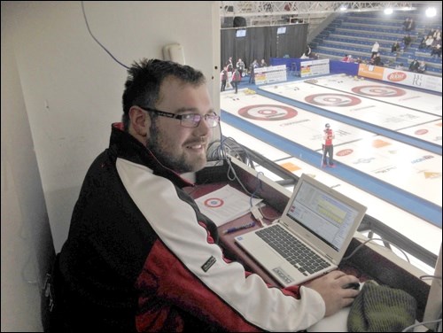 Braden Cubbon, Unity Curling Club league curler, was a volunteer at the event for the week enjoying the best seat in the house while looking after his volunteer duties. Photos by Sherri Solomko