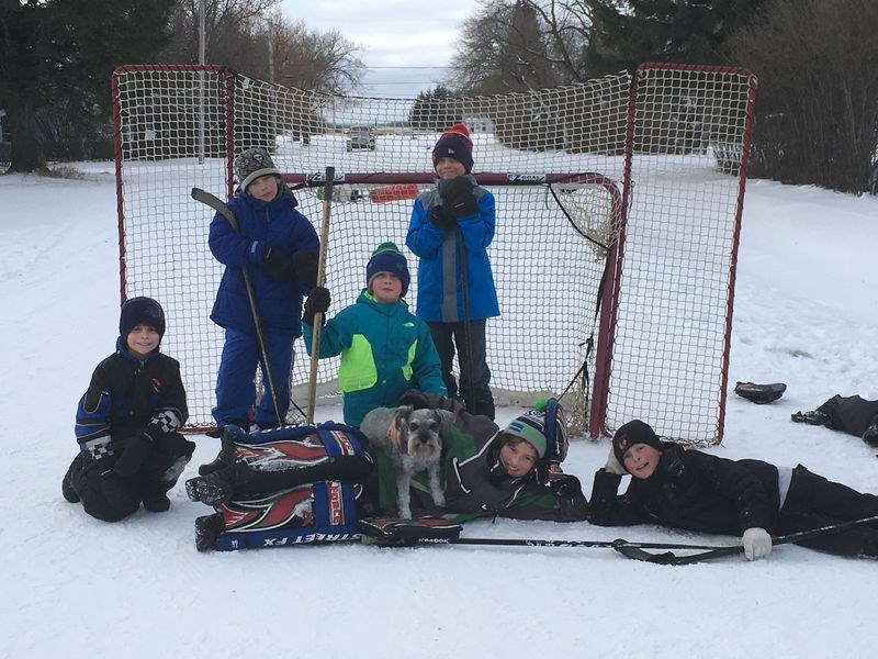 A group of Togo boys spent time during the “beautiful winter season” recently playing road hockey. Posing for a group photo during a game, from left, were: Tylan Waugh, Justus Waugh, Max Stone, Aiden Stone, Levi Erhardt with Maggie (the dog) and Jesse Hockridge (Erhardt’s cousin from Gilbert Plains, Man.).