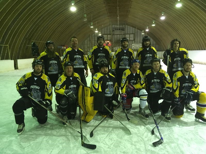 Members of the Togo Terriers recreational hockey team which played the Canora Flames on January 14, which was the first Terriers’ game played on home ice in about 20 years, from left, were: (back row) Kelsey Rauckman, Jared Ruf, Jeff Smandych, Jason Vanin, Zac Petruk and Kade Trofimenkoff, and (front) Jeff Marfleet, Ralph Hilderman, Shawn Lawless, Connor Pennell, Riley Barrowman and Logan Hilderman.
