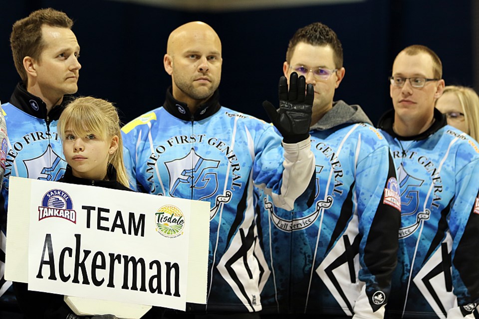 Junior curlers led the 16 teams into the arena during the Feb. 1 opening ceremonies for the SaskTel Men's Tankard. Review Photo/Devan C. Tasa