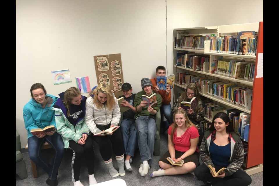 The Preeceville Grade 10 students recently visited the Preeceville Public Library. Among them, from left, were: Angelina Sorgen, Kelsey Daschuk, Dana Chopty, Braden McLean, Kelton Novak, Connor Nagy, Jordan Lowe, Priscilla Holter and Rowan Prestie.