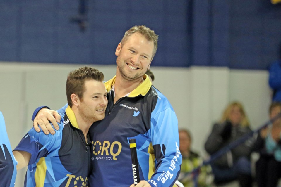 Team Casey celebrates the moment after Team Laycock conceded during the championship game at the SaskTel Men's Tankard Feb. 5. Review Photo/Devan C. Tasa