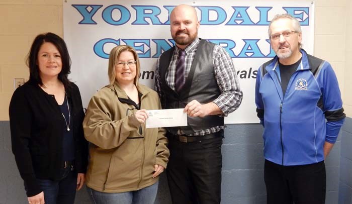 DuPont Pioneer - Full Belly! Full Mind! community investment donation from left: Delaine Mandziak, account manager at DuPont Pioneer; Tracey Bletsky, Pioneer Hi-Bred sales representative; Shaune Beatty, principal at Yorkdale Central School; and Bob Buhler, guidance counsellor at Yorkdale Central School.