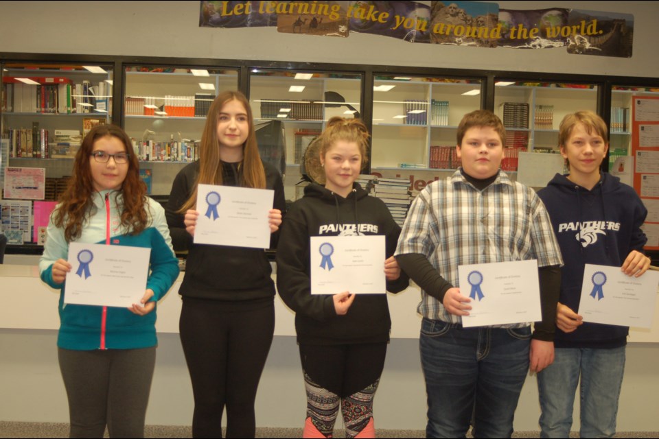 Participants in the Preeceville School oratory competition, from left, were: Katryna Englot, Skylar German, Kate Covlin, Tyrell Olson and Erik Sandager.