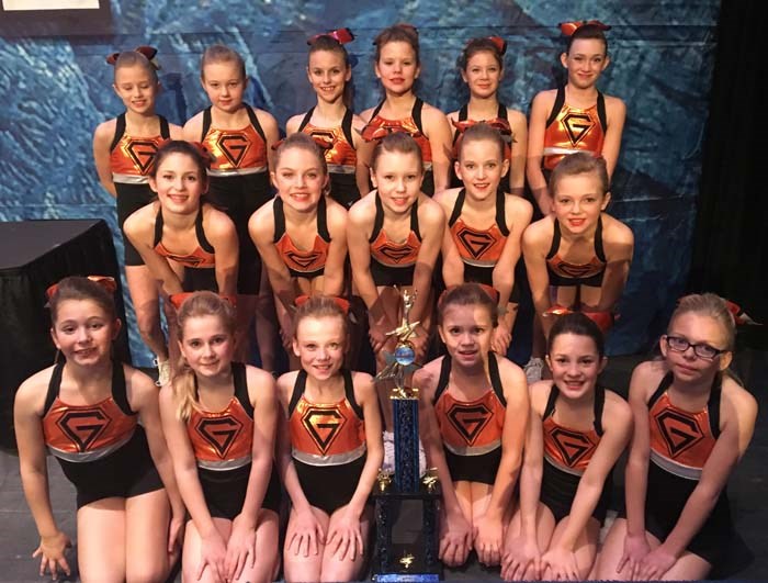 Yorkton Gridders youth team with their first place trophy. Back row (left to right): Kalyn Revet, Lea Onufreychuk, Maren Caskey, Winter Oleson, Haley Stewart, Ashlyn Ivey. Middle Row (left to right): Avery Bond, Alexa Wagner, Drew Hubred, Jersey Graves, Macy Burkell.Front row (left to right): Ashlyn Dutchak, Ashlyn Gnyp, Layla Zulyniak, Brittney Kemp, Journey Kriger, Hunter Morrison.