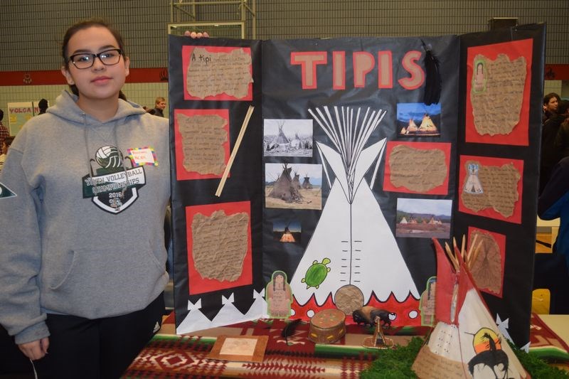 Precious Cadotte a Grade 8 student at Chief Gabriel Cote Education Complex entered a display dealing with teepees at the Keeseekoose science fair on Friday.