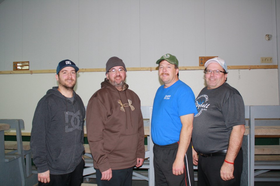 The Sheldon Luciw rink won the Endeavour Open Bonspiel held February 9 to 12. On the team, from left, were: Shane Nelson, Desi Penner, James Bodnar and Luciw.