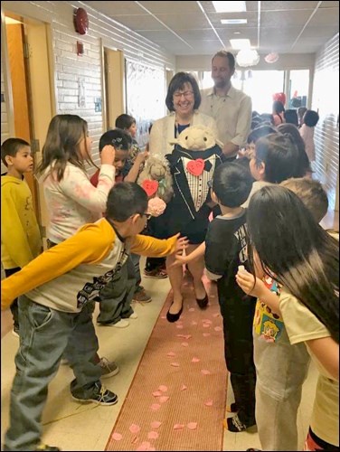 Grade 1 and 2 classes at St. Mary school congratulate their class mascots, Sheila and Sheamus, on their wedding. The stuffed sheep have been used by teacher Jennifer Gentes as a creative teaching tool. Photos submitted