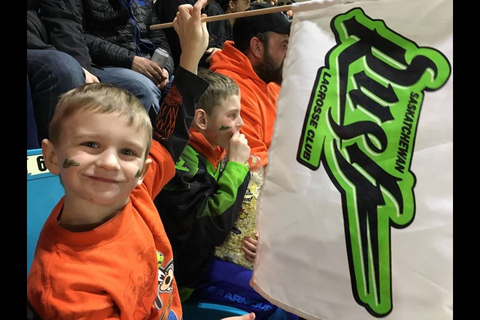 Keltyn Konkel was excited to show his support of the Saskatchrewan Rush lacrosse team during a game in Saskatoon on February 25.