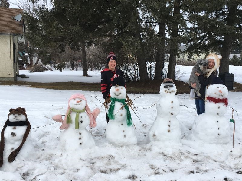 On the weekend at Togo, where there is still snow, Levi and Kate Erhardt, accompanied by their dog Maggie, constructed their family in snow. From left, are Snowman Levi, Snowman Kate, Snowman Mom (Loretta with the long straw hair), Snowman Dad (Stacy with the sunglasses and Harley hat) and Snowman Grandma walking the dog.