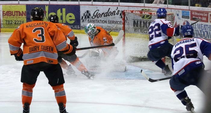 Terriers’ goalie Nathan Hargrave making one of his 57 saves in the two games against Melville, securing him the SJHL Sasktel goalie of the week recognition.