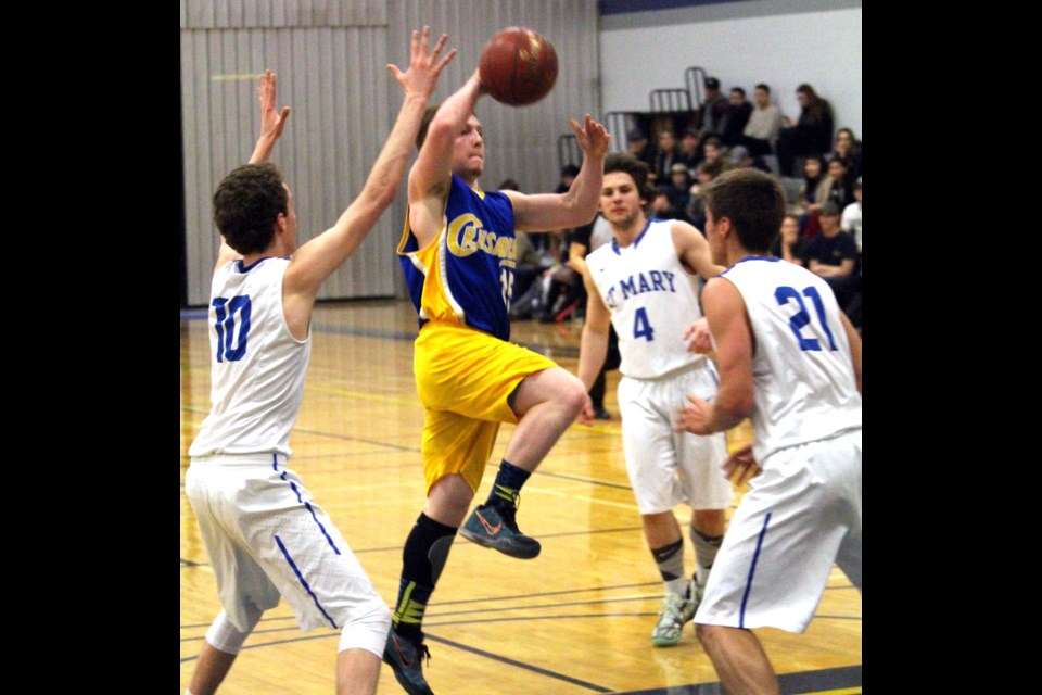 Jacob Stynsky of the John Paul II Crusaders soared through the Prince Albert St. Mary’s Marauders defence during the Viking Invitational tournament last weekend. Photo by Lucas Punkari