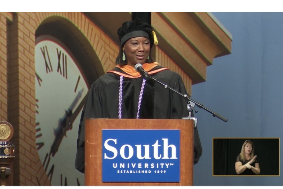 Nancy Hurlock speaking at graduation