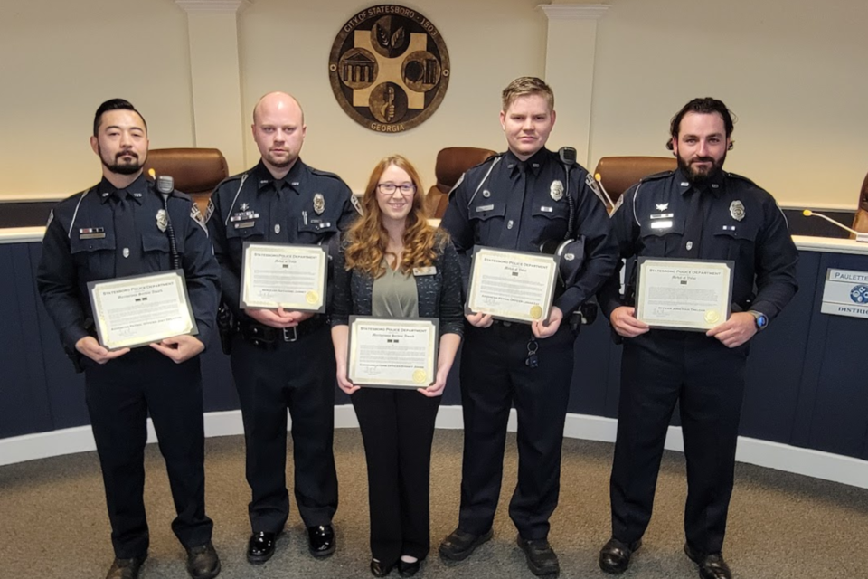 L-R: APO Joey DeLoach, Sergeant Nathaniel Janney, Communications  Officer Sydney Johns, APO Logan Gay and Officer Jonathan Trealoar. Not pictured: Captain Jared Akins, Corporal Jessica Collins, Officer Damien Truesdale
