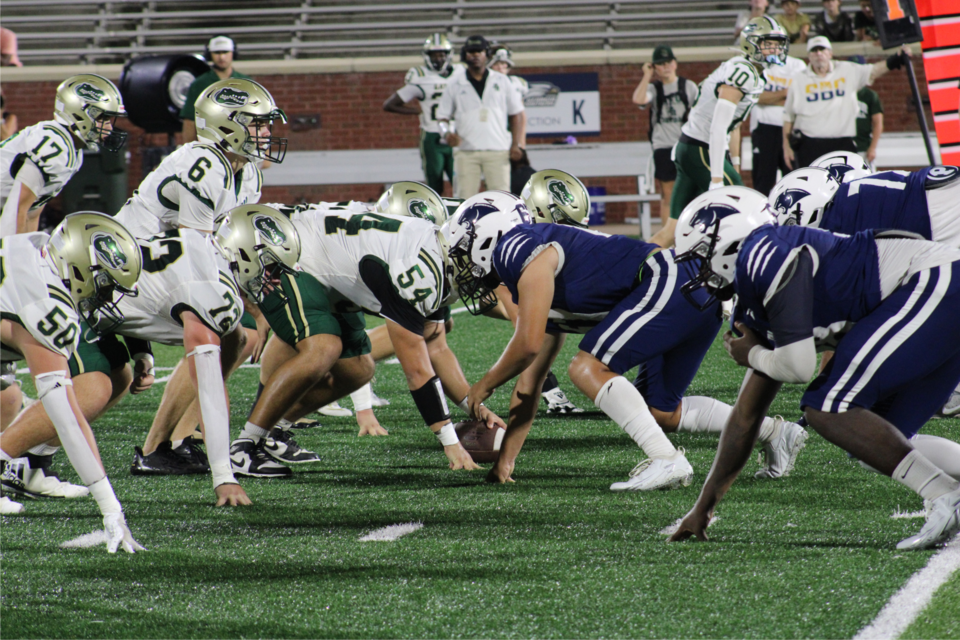 The Portal Panthers and the Bulloch Academy Gators line up for the first down of the 14th annual Erk Russell Classic in Paulson Stadium at Georgia Southern University on Saturday, August 16, 2025. © destinymarlindahartwell@gmail.com