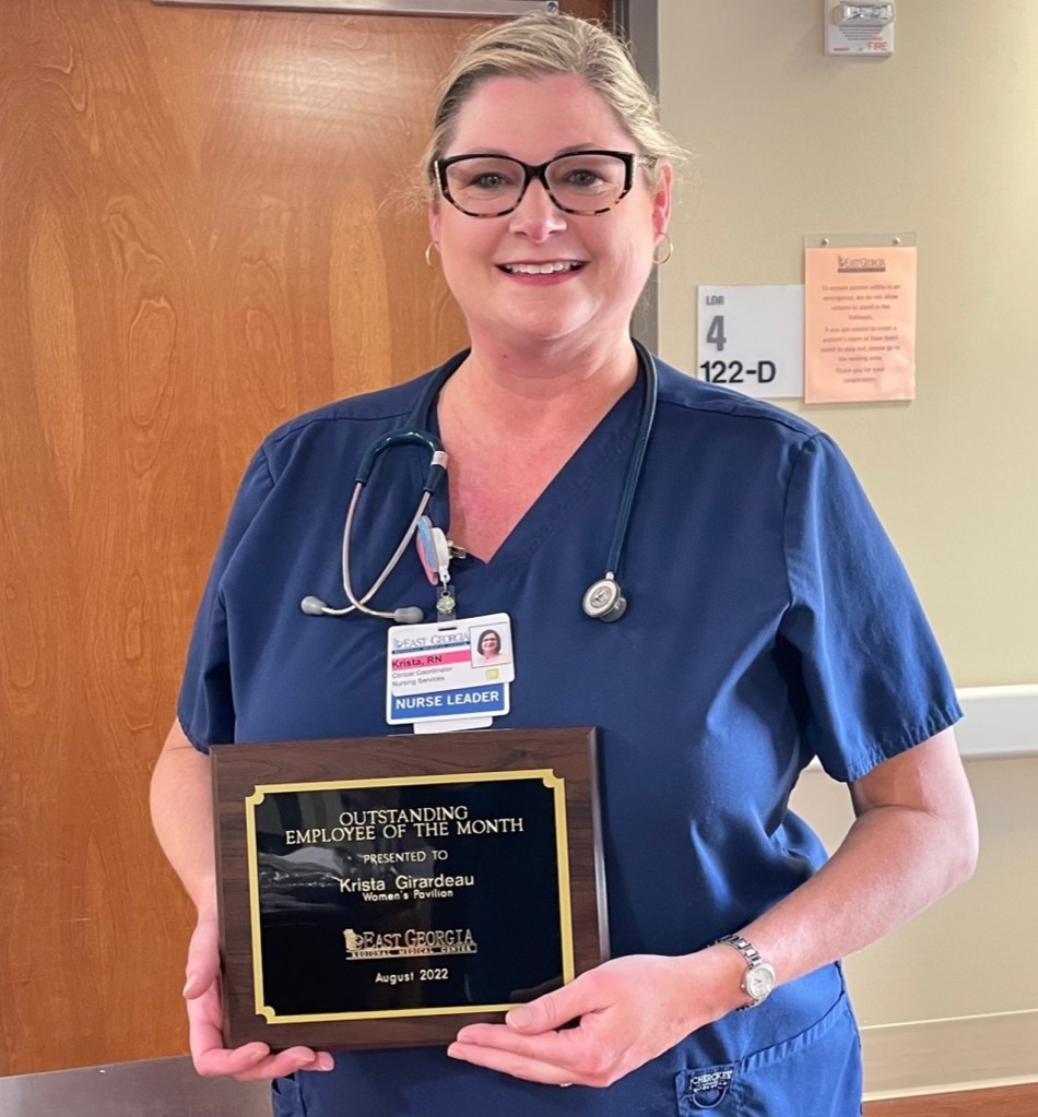 The East Georgia Regional Medical Center has named Krista Girardeau, clinical coordinator for the Women’s Pavilion, as the August Employee of the Month.
