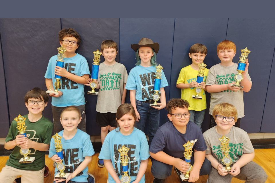 A. Cubas, BES, first place; M. Kaiser, JPB, second place; P. Lockaby, BES, third place; A. Pound, NES, fourth place; N. Selph, JPB, fifth place; L. Paynter, BA, sixth place; B. Rhodes, BES, seventh place; L. Neal, BES, eighth place; E. Ramos-Espino, MCES, ninth place; J. Teal, JPB, tenth place.