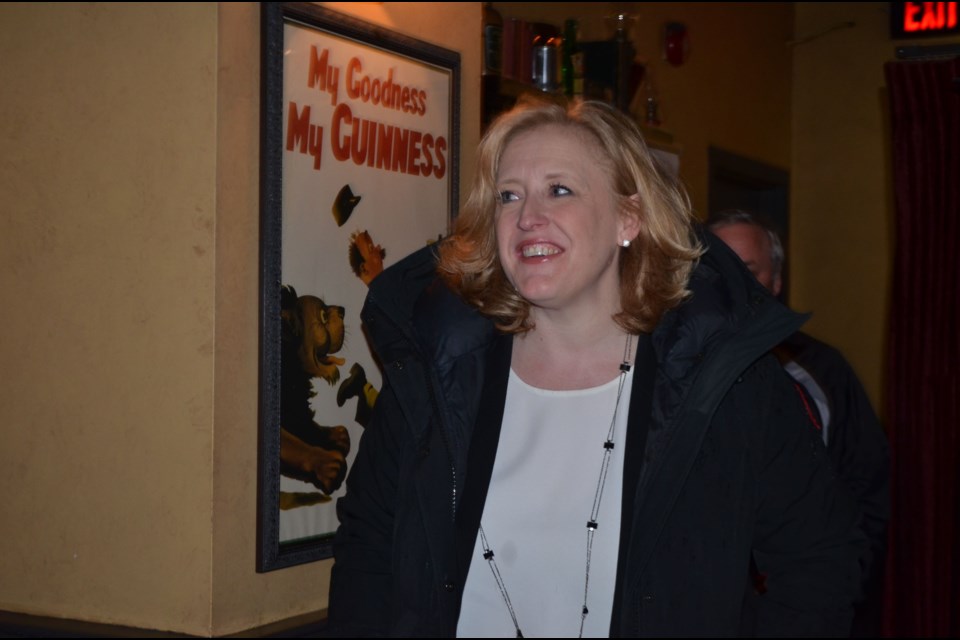 Conservative leadership hopeful Lisa Raitt arrives at Fionn MacCools during whistle stop Thursday.  Troy Bridgeman for GuelphToday.com 