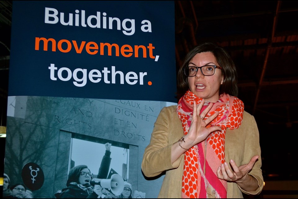 Niki Ashton talks to supporters during a whistlestop at the Red Papaya Sunday. Troy Bridgeman for GuelphToday.com