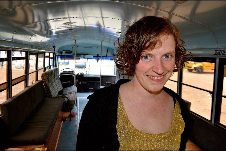 Guelph musician and entrepreneur Jenny Mitchell inside the Golden Bus. Troy Bridgeman for GuelphToday.com