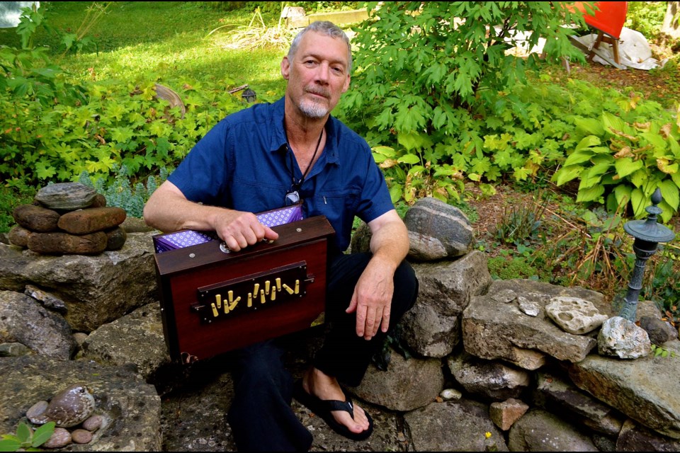 Canadian Music Hall of Famer Jeff Bird with a shruti box he uses to play 800-year-old music on his latest record Felix Anima. Troy Bridgeman for GuelphToday.com