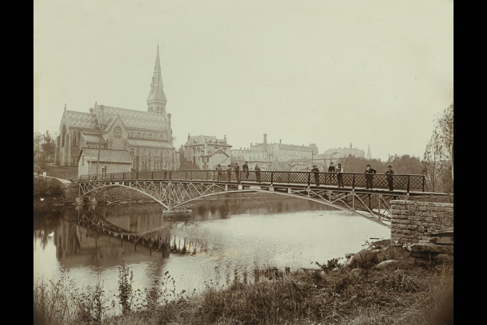 The original steel Heffernan Street Footbridge was just over 20 years old when this photo was taken in 1904 by D.H. Booth Photography, courtesy Guelph Civic Museum