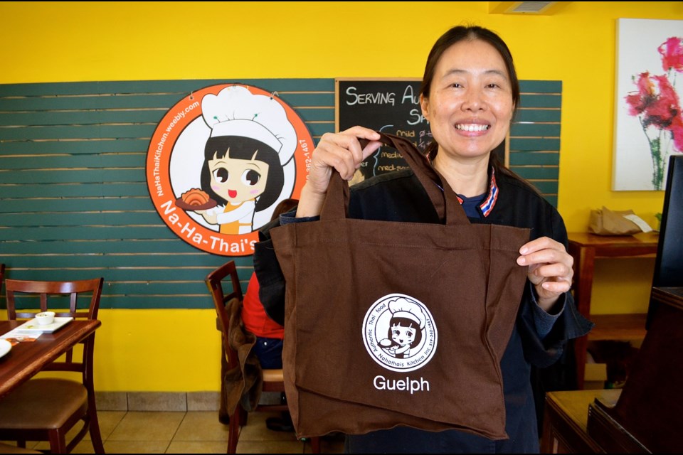 Narvemon Verspagen is offering greener take-out options such as reusable bags at Na Ha Thai’s Kitchen. Troy Bridgeman GuelphToday.com