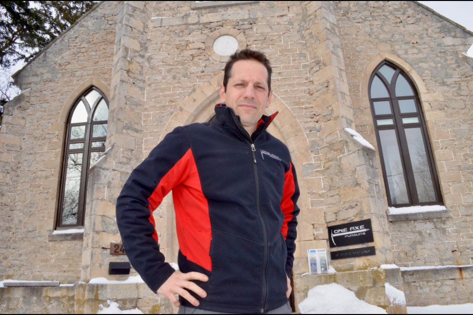 Frederick Schuett outside the restored church in Elora where they operate One Axe Pursuits..Troy Bridgeman GuelphToday 