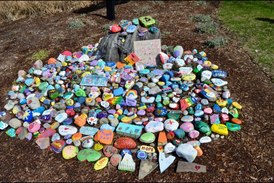 Close up of the stones of love and support left outside Guelph General Hospital. Troy Bridgeman/GuelphToday