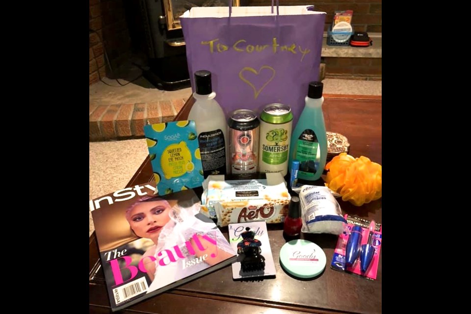 A basket from the Guelph and Area Ninja's group shows a magazine, chocolate, beer and a loofah among other things. Supplied photo