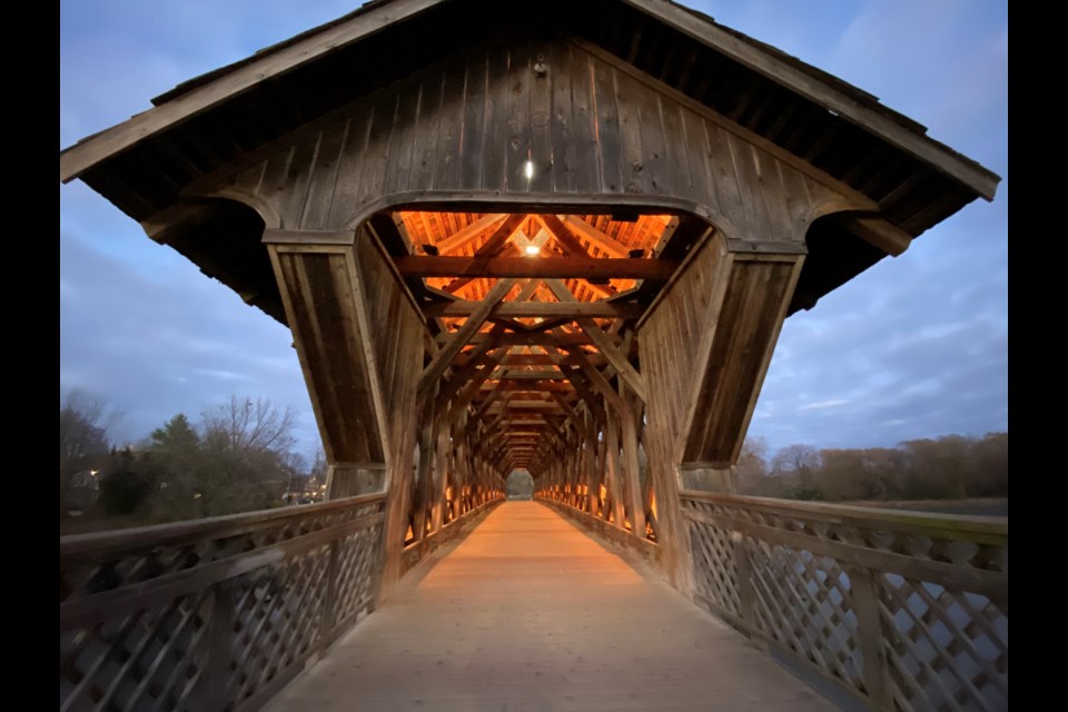 The Covered Bridge was lit in Halloween Colours on Oct. 31. 2020. Anam Khan/GuelphToday