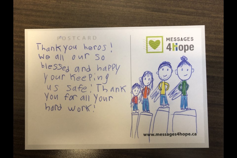 A 'Messages of Hope' card sent to front line workers by a student. Supplied photo