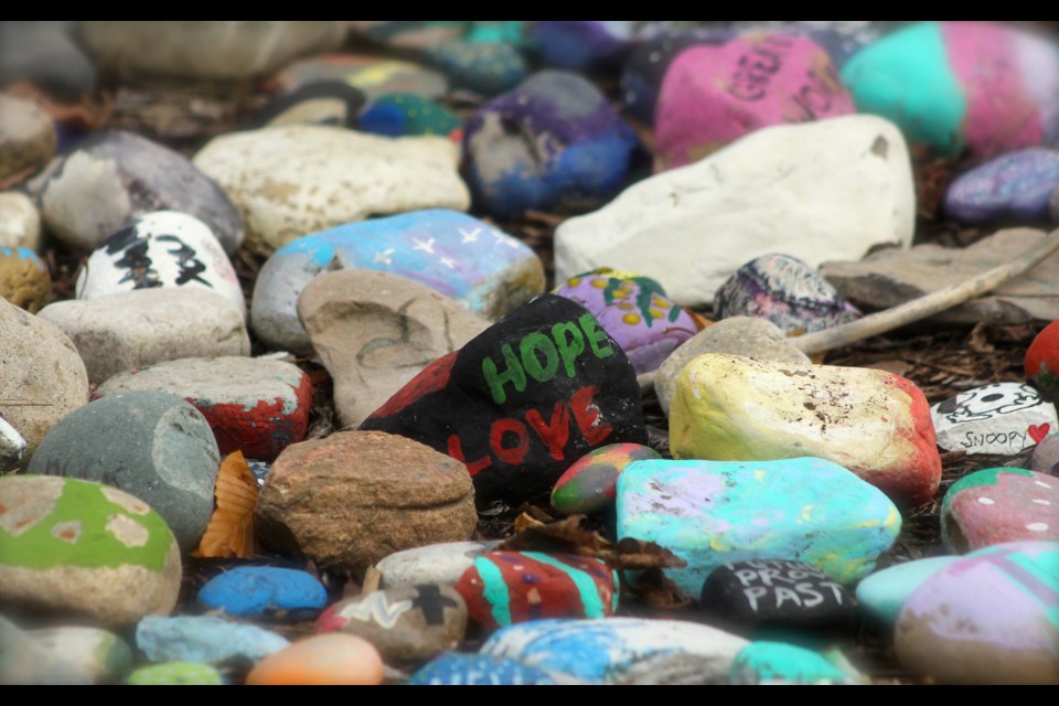 A 'gratitude garden' in front of Guelph General Hospital shows hundreds of rocks with messages of gratitude, hope and resilience throughout the pandemic. Anam Khan/GuelphToday