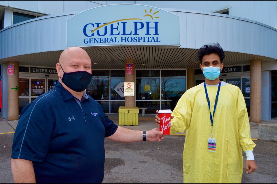 Guelph businessman Joe Migliaccio, is providing free coffee to COVID screener Aditya and the rest of the staff at Guelph General Hospital to thank them for the work they are doing during the pandemic. 