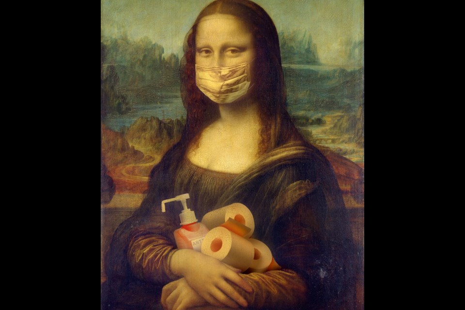 Mona Lisa holding toilet paper. This photo was used as a promotional poster for the online pandemics course at the University of Guelph. Pexel photo by Yaroslav Danylchenko
