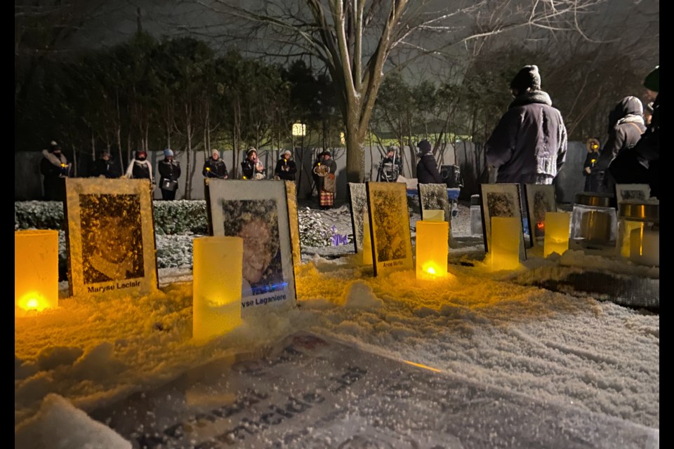 Victims of femicide, including the 14 women killed in the 1989 Montreal Massacre were remembered at a vigil at Marianne's Park on Monday. 