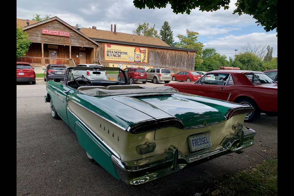The 1958 Ford Edsel aka Fredsel convertible outside the Stampede Ranch during the Roamers 65th anniversary reunion