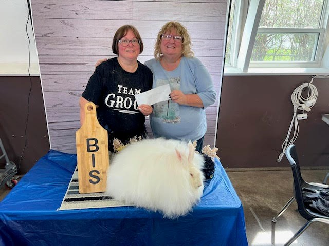 Julie Martin with her friend and fellow rabbit breeder, Sue Needle with French angora rabbit 'Mags' who won best 'in show' in Rockton, Ontario at an ARBA show. 
