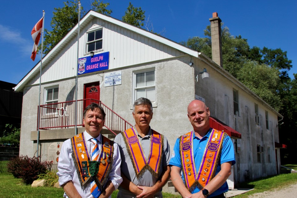Grand Orange Lodge in Guelph, also known as Prince Arthur Guelph Loyal Orange Lodge #1331 on Waterloo Avenue. The lodge is the last Orange lodge in Guelph. Left to right: Jeff Duncan, lodge historian, Neil Marshalsey, lodge secretary, and Paul Allen, deputy master. 
