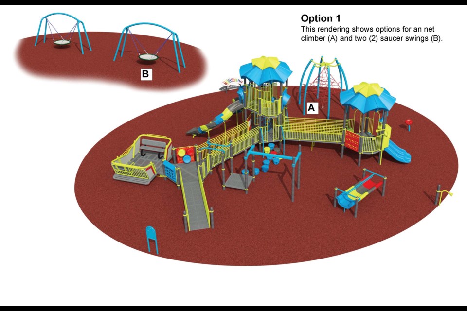 Design 1 for playground with net climber and saucer swings