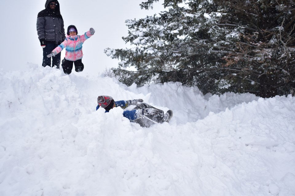 What better way to spend a snow day. Kids take advantage of the tall snow piles and jump off them. 
